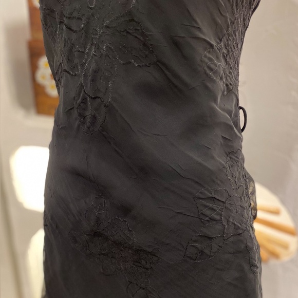 Black Mesh Asymmetrical Flowy Adjustable Spaghetti Strap Dress with Ruffle Skirt - Picture 7 of 7